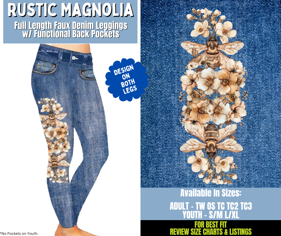 Preorder! Closes 12/15. ETA March. Rustic Magnolia Full Length Faux Denim w/ Side Leg Designs