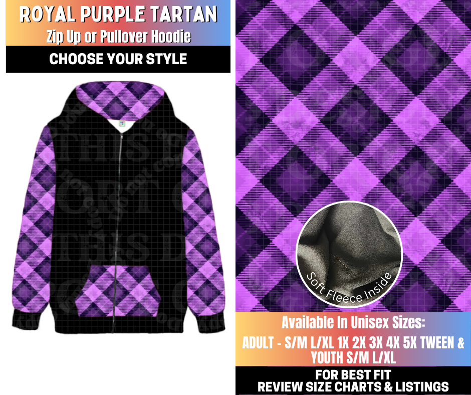 Preorder! Closes 10/15. ETA Jan. Royal Purple Tartan Zip-Up or Pullover Hoodie