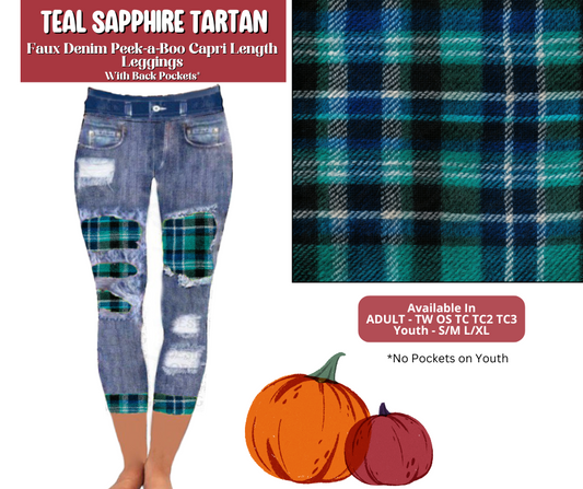 Preorder! Closes 6/30. ETA Sept. Teal Sapphire Tartan Capri Faux Denim Peekaboo