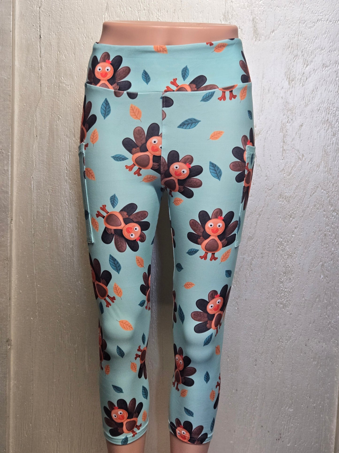 Teal turkey leggings and capris with pockets