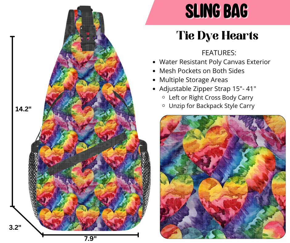 Preorder! Closes 9/17. ETA Dec. Tie Dye Hearts Sling Bag