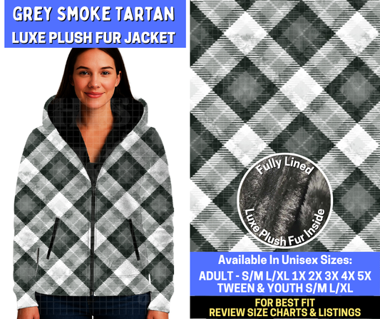 Preorder! Closes 10/20. ETA Jan. Grey Smoke Tartan Luxe Fur Jacket