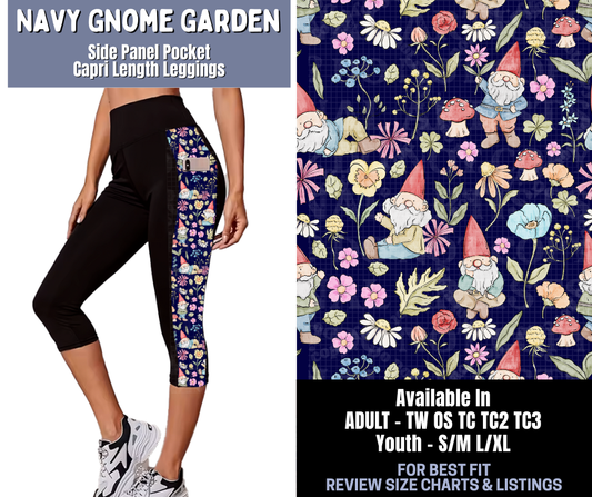 Preorder! Closes 1/8. ETA March. Navy Gnome Garden Side Panel Pocket Capri Length Leggings
