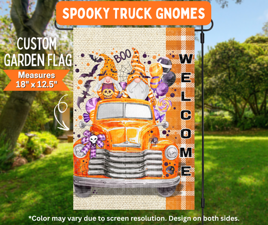 Preorder! Closes 7/6. ETA Oct. Spooky Truck Gnome Garden Flag