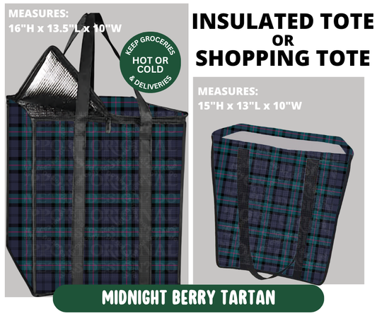 Preorder! Closes 10/7. ETA Jan. Midnight Berry Tartan Shopping & Insulated Tote