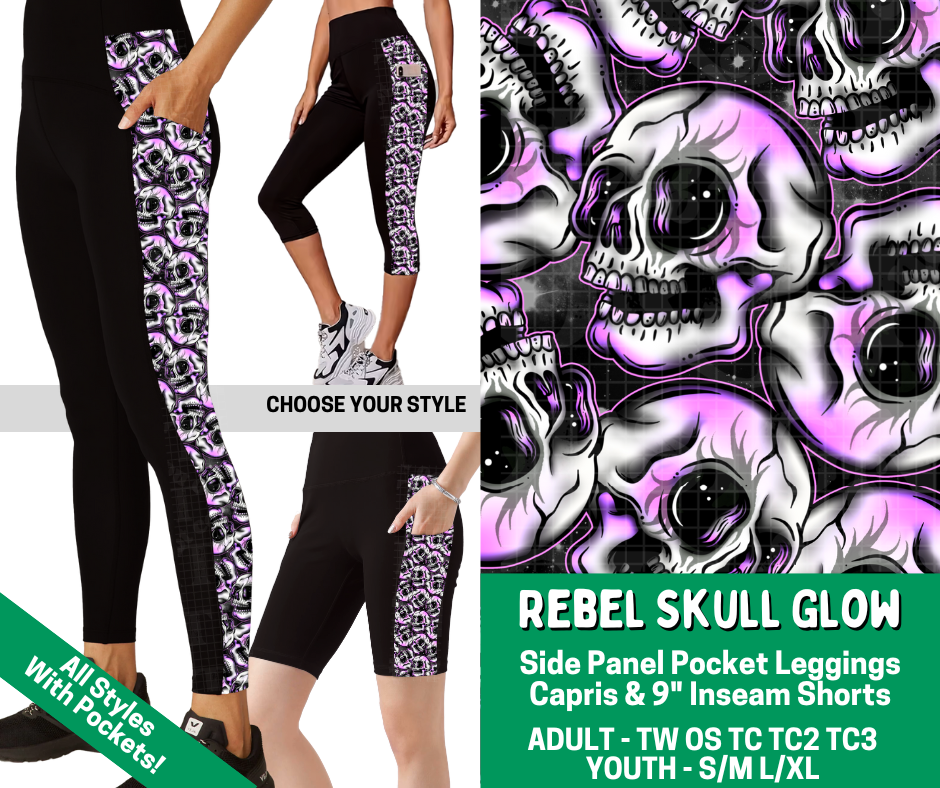 Preorder! Closes 2/18. ETA May. Rebel Skull Glow Combo Side Panel Legging Lengths