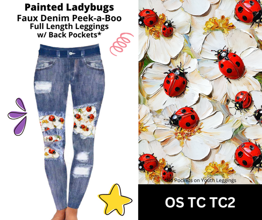 Painted Ladybugs Faux Denim Full Length Peekaboo Leggings