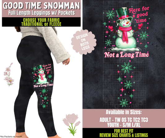 Preorder! Closes 10/8. ETA Dec. Good Time Snowman Watercolor Leggings w/ Side Leg Designs Choose Fleece or Traditional