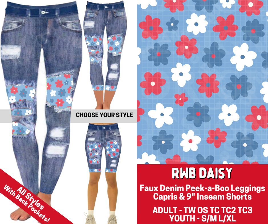 Preorder! Closes 3/19. ETA June. RWB Daisy Combo Faux Denim Peekaboo Legging Lengths