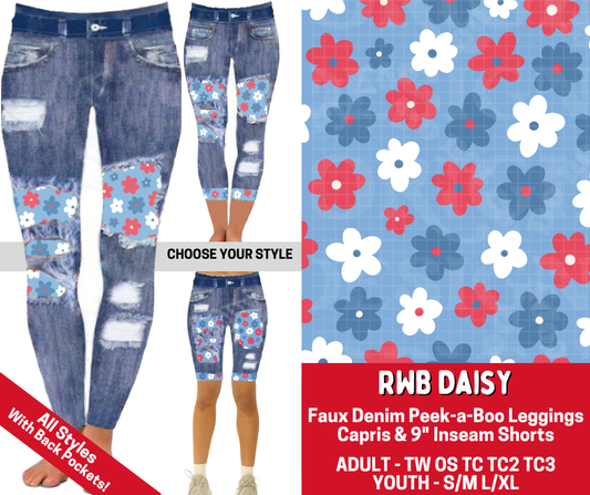 Preorder! Closes 3/19. ETA June. RWB Daisy Combo Faux Denim Peekaboo Legging Lengths