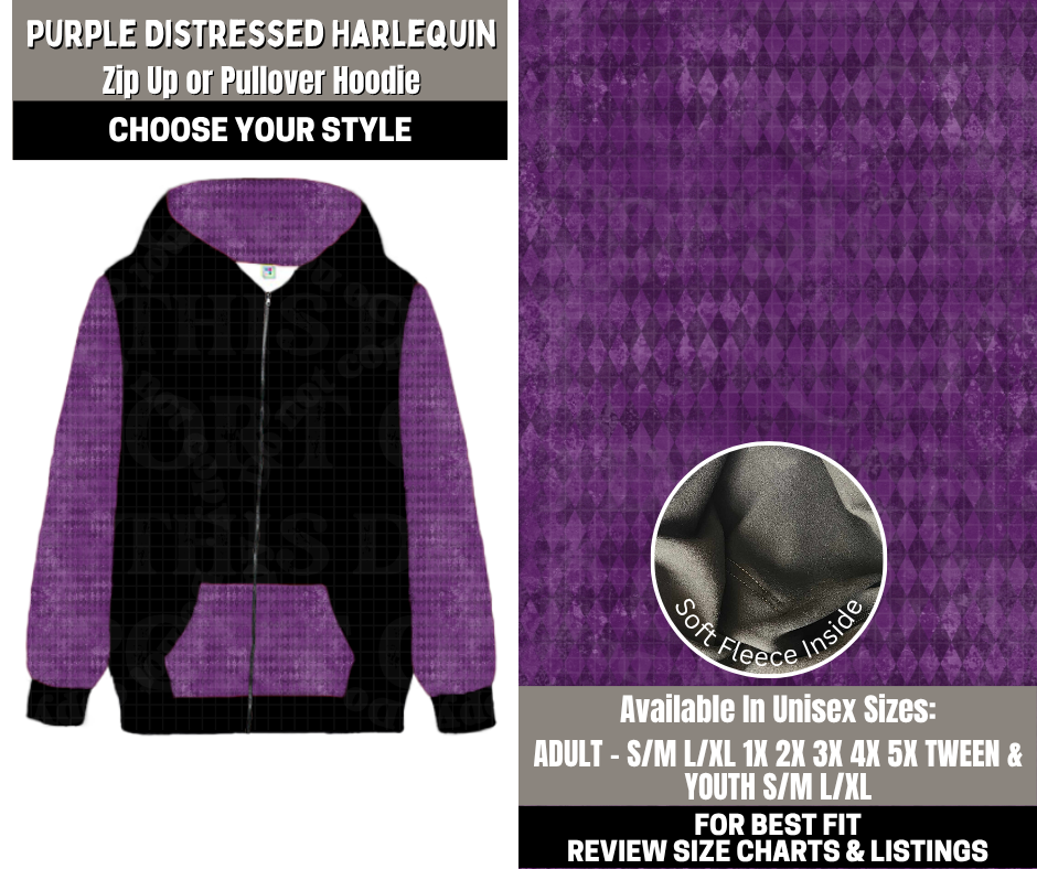 Preorder! Closes 12/1. ETA Feb. Purple Distressed Harlequin Zip-Up or Pullover Hoodie