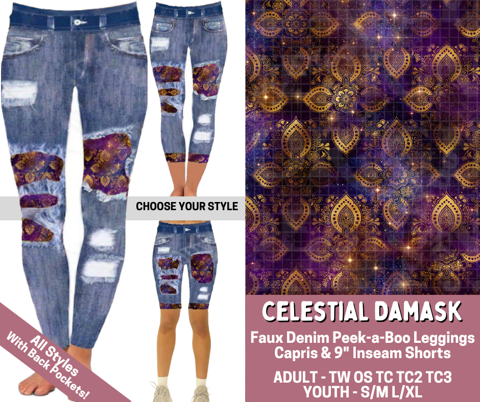 Preorder! Closes 6/4. ETA Sept. Celestial Damask Combo Faux Denim Peekaboo Legging Lengths