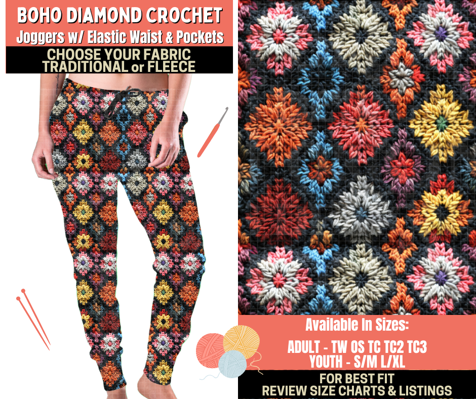 Preorder! Closes 10/1. ETA Dec. Boho Diamond Crochet Joggers Choose Fleece or Traditional