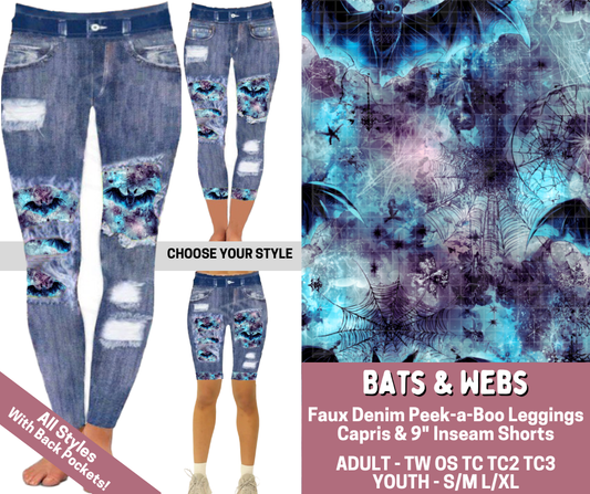 Preorder! Closes 6/4. ETA Sept. Bats & Webs Combo Faux Denim Peekaboo Legging Lengths