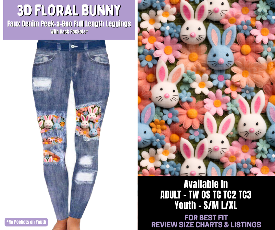 Preorder! Closes 1/22. ETA April. 3D Floral Bunny Full Length Faux Denim Peekaboo