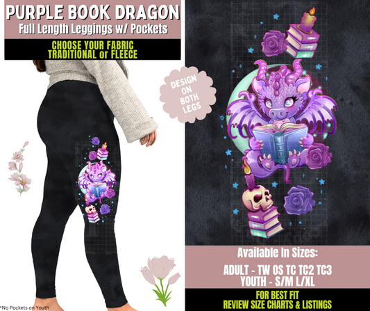 Preorder! Closes 10/8. ETA Dec. Purple Book Dragon Watercolor Leggings w/ Side Leg Designs Choose Fleece or Traditional