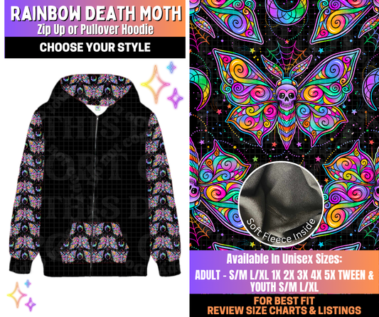 Preorder! Closes 12/10. ETA March. Rainbow Death Moth Zip-Up or Pullover Hoodie