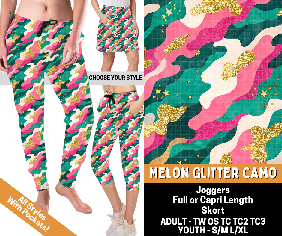 Preorder! Closes 6/1. ETA Sept. Melon Glitter Camo Combo Jogger Lengths & Skort
