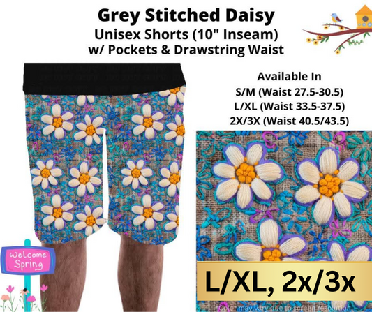 Grey Stitched Daisy Unisex Shorts