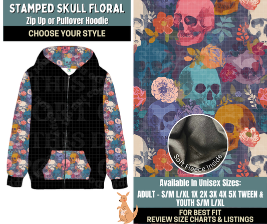 Preorder! Closes 10/2. ETA Dec. Stamped Skull Floral Zip-Up or Pullover Hoodie