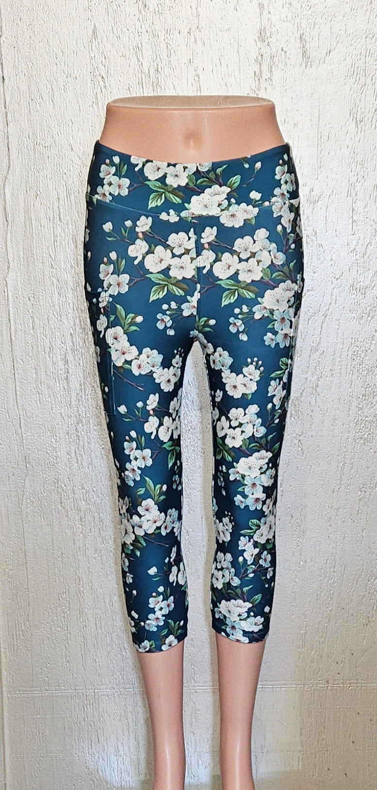 White Flower on Dark Teal capris with pockets