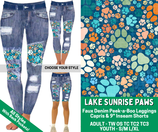 Preorder! Closes 2/18. ETA May. Lake Sunrise Paws Combo Faux Denim Peekaboo Legging Lengths