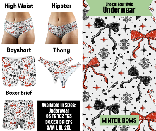 Preorder! Closes 8/25. ETA Nov. Winter Bows Hipster, High Waist, Boyshort, & Thong Underwear & Boxer Briefs