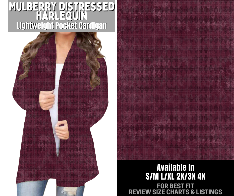 Preorder! Closes 12/3. ETA Feb. Mulberry Distressed Harlequin Pocket Cardigan