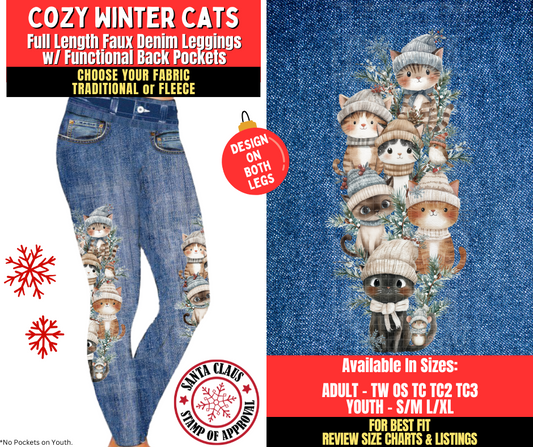 Preorder! Closes 8/27. ETA Nov. Cozy Winter Cats Faux Denim Leggings w/ Side Leg Designs Choose Fleece or Traditional