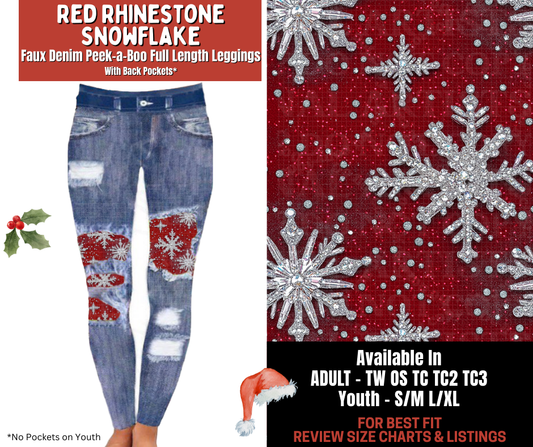 Preorder! Closes 9/24. ETA Dec. Red Rhinestone Snowflake Full Length Faux Denim Peekaboo