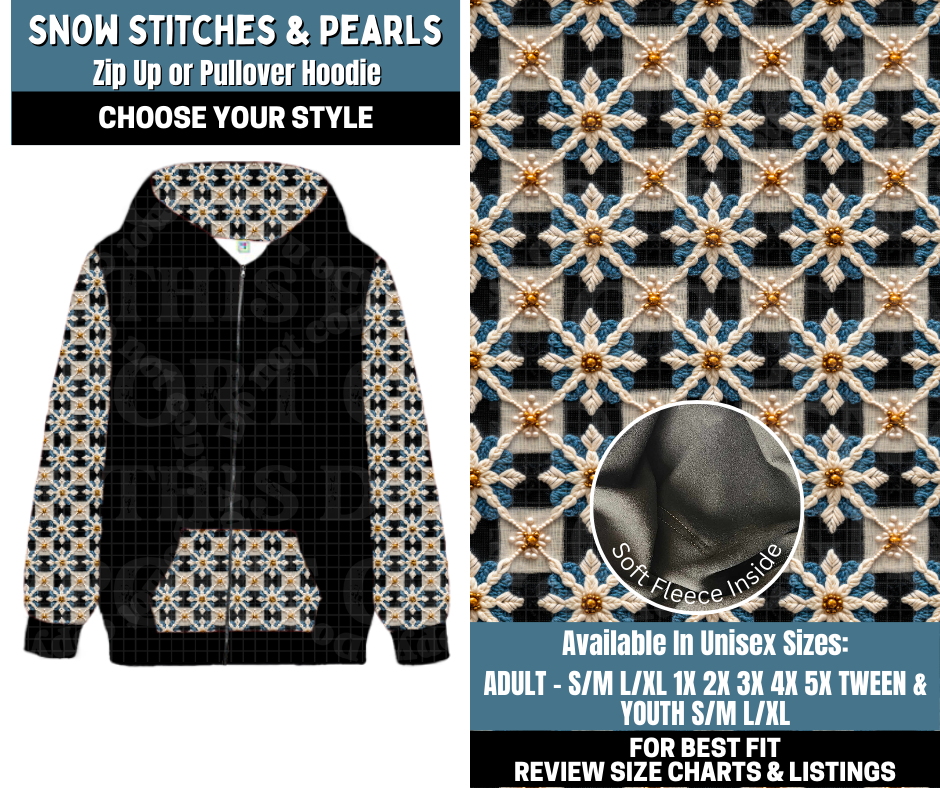 Preorder! Closes 10/13. ETA Jan. Snow Stitches & Pearls Zip-Up or Pullover Hoodie