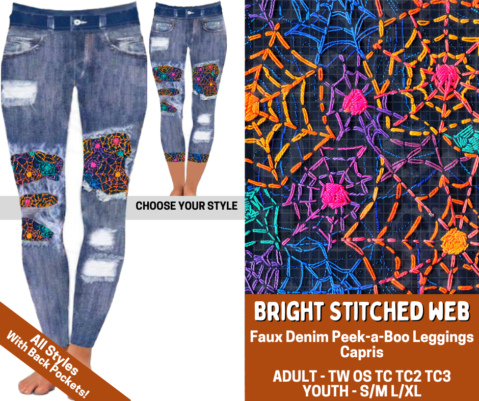 Preorder! Closes 7/13. ETA Oct. Bright Stitched Web Combo Faux Denim Peekaboo Legging Lengths