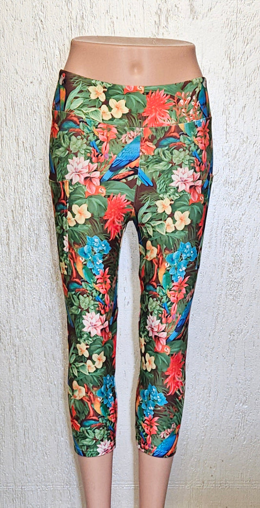 Bright Tropic Parrot capris and bike shorts with pockets