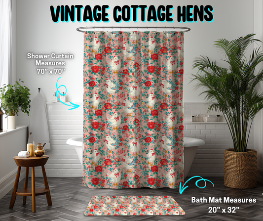 Preorder! Closes 3/26. ETA June. Vintage Cottage Hens Custom Shower Curtain and/or Bath Mat