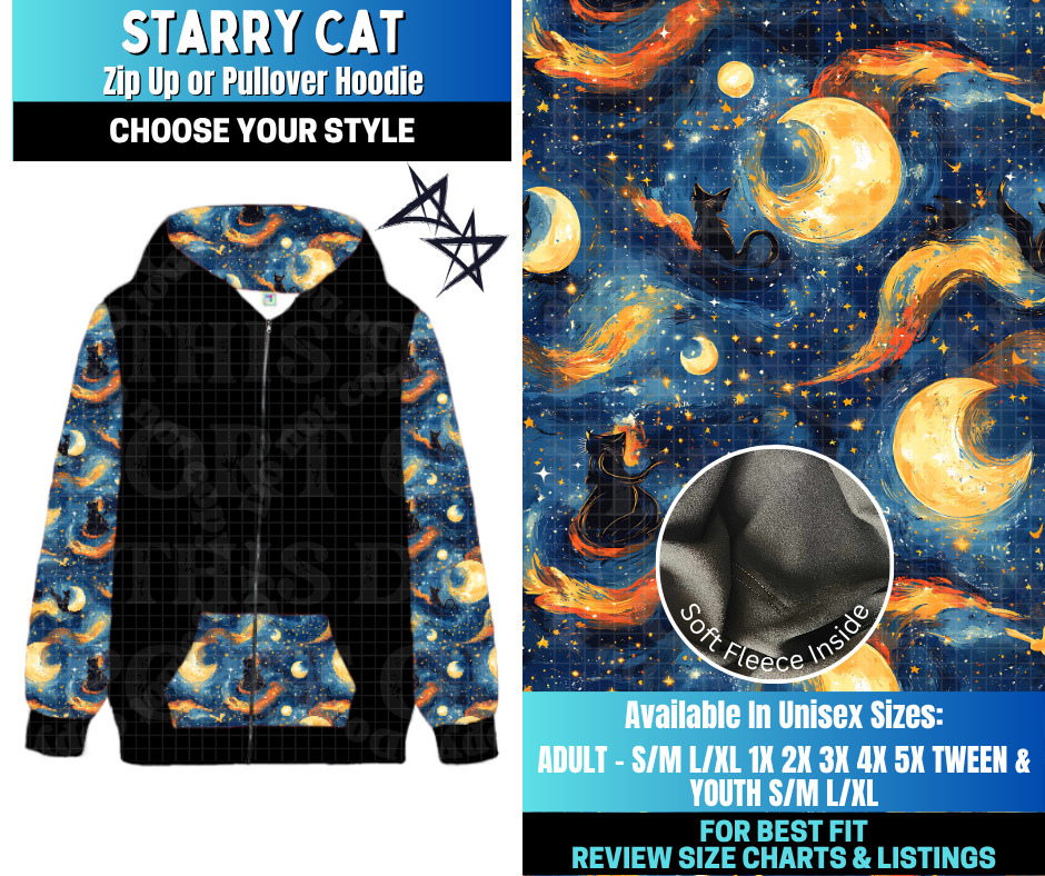 Preorder! Closes 12/17. ETA March. Starry Cat Zip-Up or Pullover Hoodie