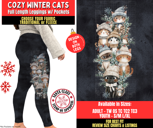 Preorder! Closes 8/27. ETA Nov. Cozy Winter Cats Watercolor Leggings w/ Side Leg Designs Choose Fleece or Traditional