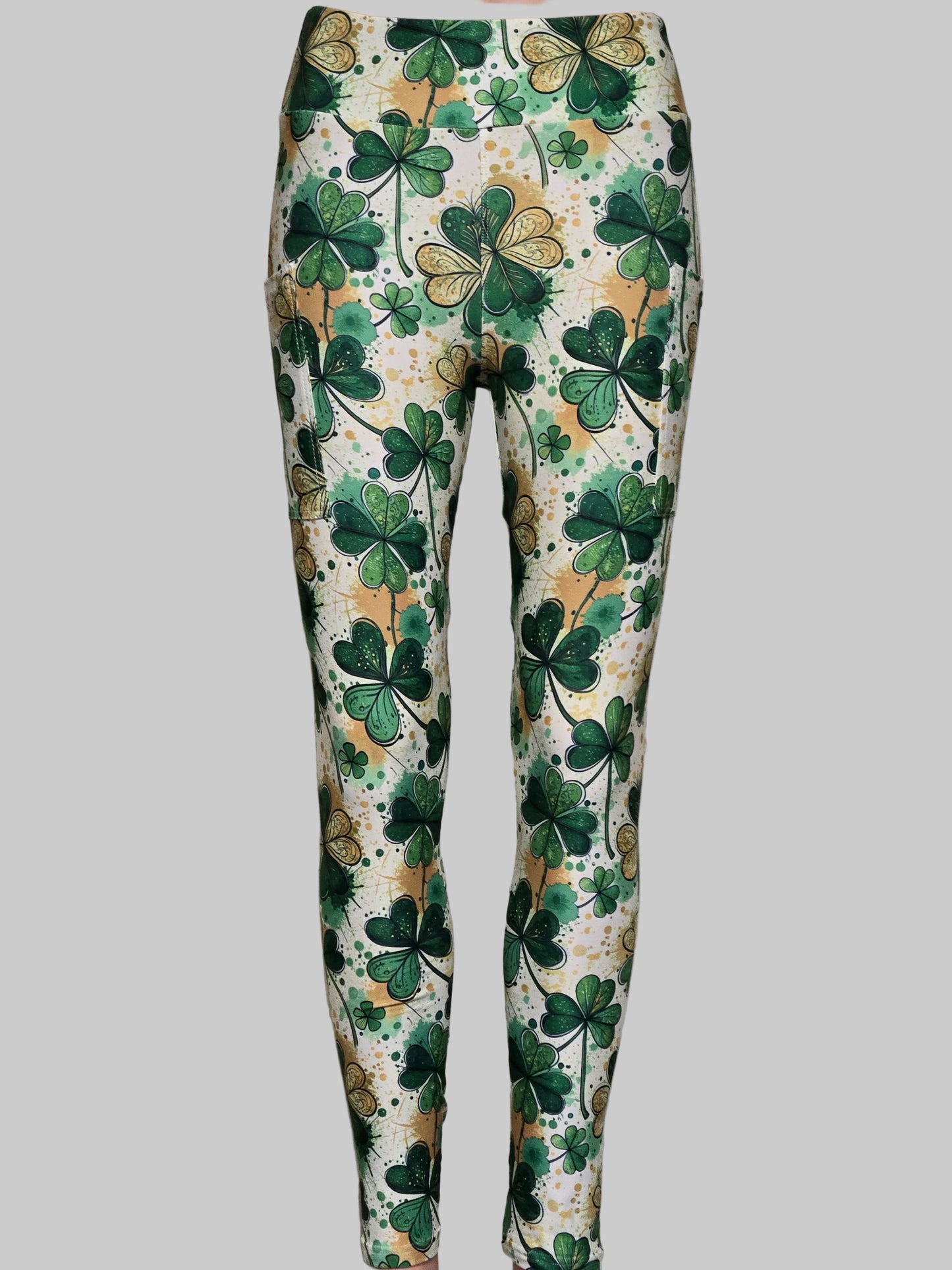 Green and gold clovers skorts, leggings and capris with pockets