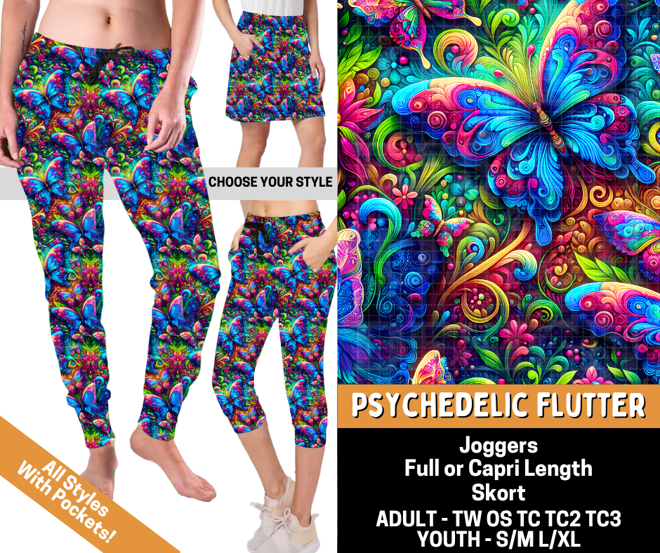 Preorder! Closes 6/1. ETA Sept. Psychedlic Flutter Combo Jogger Lengths & Skort