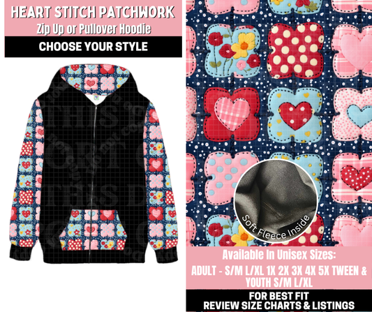 Preorder! Closes 11/12. ETA Jan. Heart Stitched Patchwork Zip-Up or Pullover Hoodie