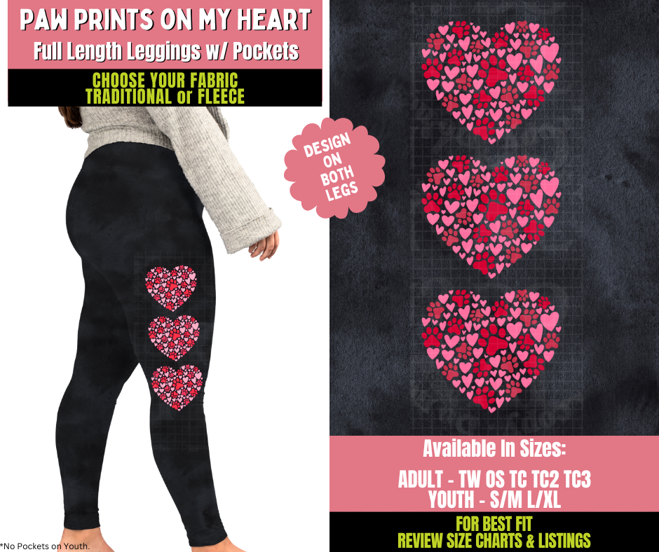 Preorder! Closes 11/20. ETA Jan. Paw Print On My Heart Watercolor Leggings w/ Side Leg Designs Choose Fleece or Traditional
