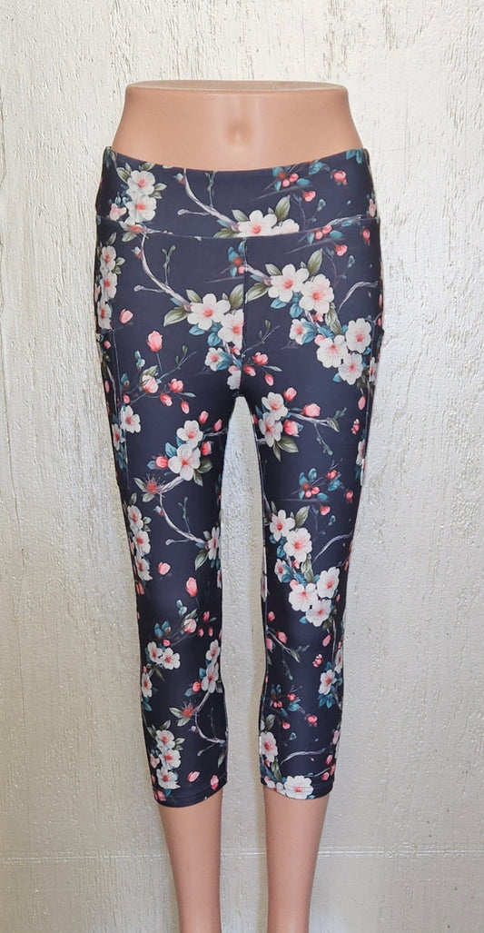 Pink and White Floral on Black skorts and capris with pockets