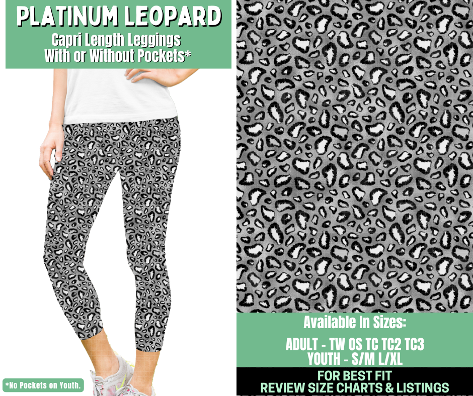 Preorder! Closes 1/7. ETA March. Platinum Leopard Capri Length Leggings w/wo Pockets