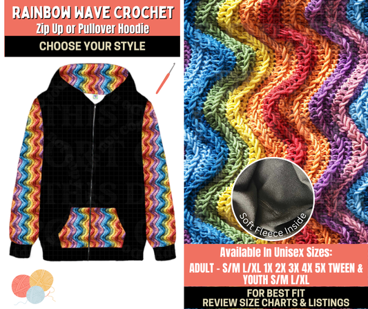 Preorder! Closes 10/1. ETA Dec. Rainbow Wave Crochet Zip-Up or Pullover Hoodie