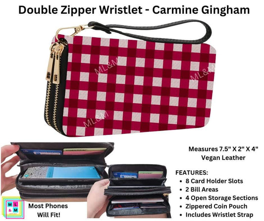 Carmine Gingham Double Zipper Wristlet