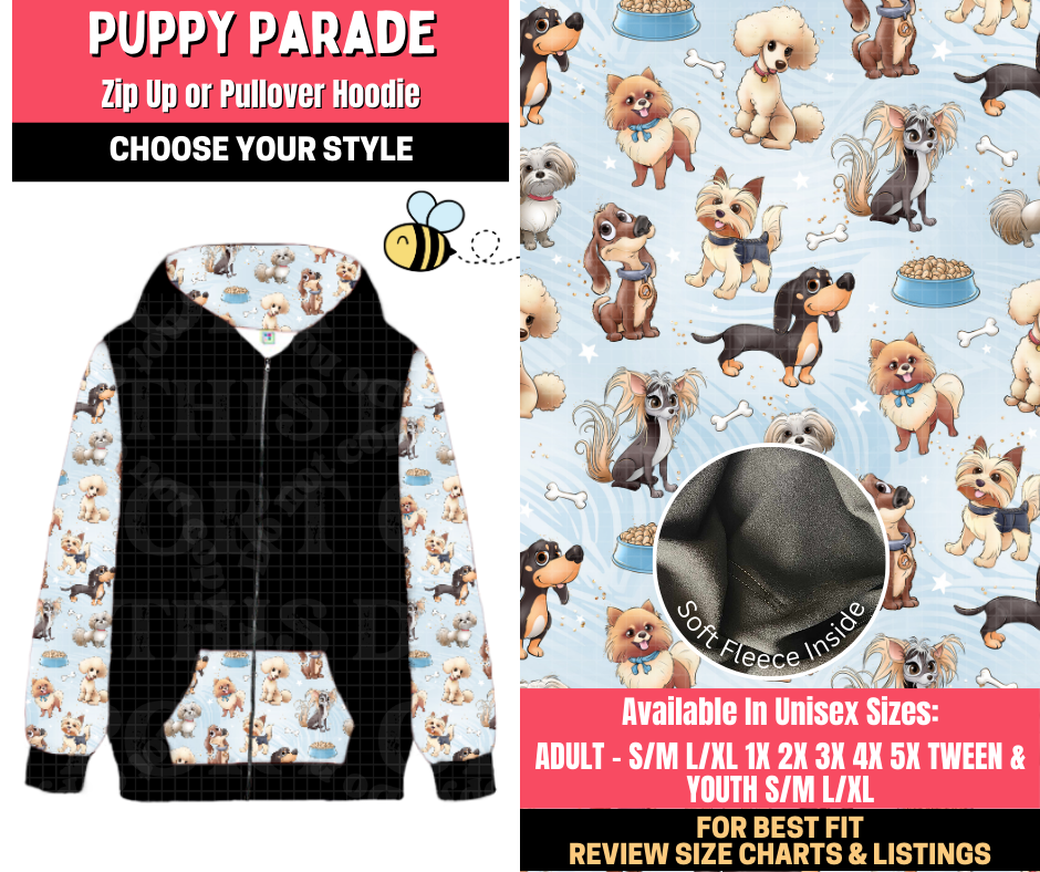 Preorder! Closes 1/28. ETA April. Puppy Parade Zip-Up or Pullover Hoodie