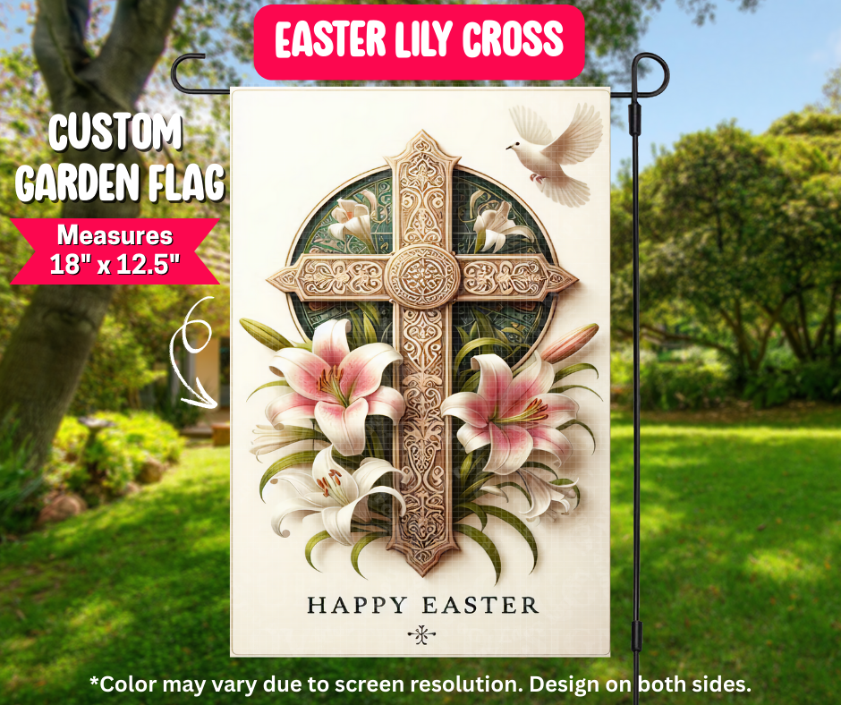 Preorder! Closes 12/25. ETA March. Easter Lily Cross Garden Flag
