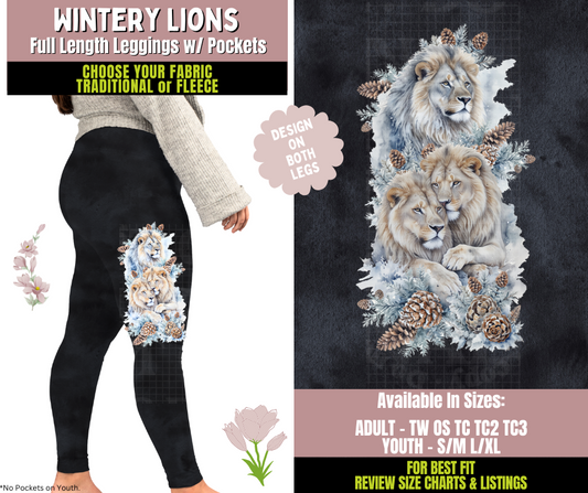 Preorder! Closes 10/8. ETA Dec. Wintery Lions Watercolor Leggings w/ Side Leg Designs Choose Fleece or Traditional