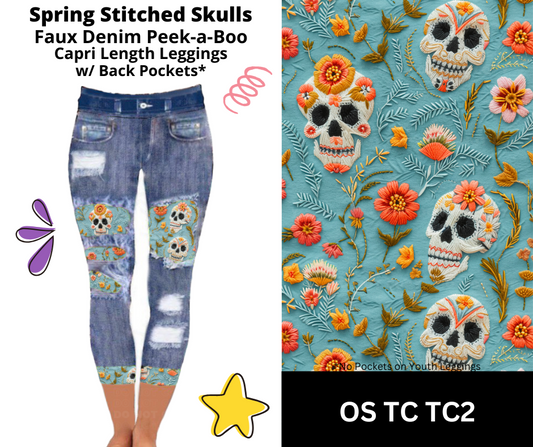 Spring Stitched Skulls Capri Faux Denim Peekaboo