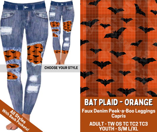 Preorder! Closes 7/13. ETA Oct. Bat Plaid - Orange Combo Faux Denim Peekaboo Legging Lengths