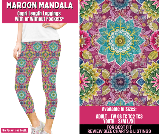 Preorder! Closes 12/31. ETA March. Maroon Mandala Full Length Capri Length Leggings w/wo Pockets